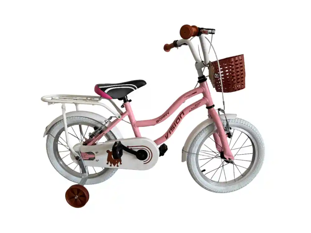 Bicicleta copii Vision Bonny, culoare roz, roata 16", cadru din otel, cu portbagaj Premium