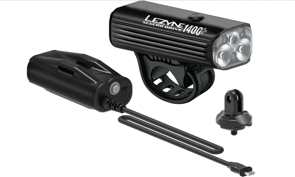Lezyne - Lumina fata far - MACRO DRIVE 1400+ RECHARGEABLE - 1400 lumeni + Power Pack - USB - negru Chilipir