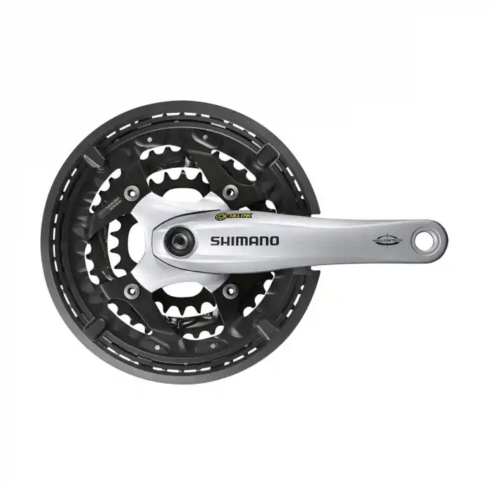 Plată sigură Angrenaj pedalier Shimano Deore FC-T521-S, 3x10 viteze, ax Octalink, cu aparatoare lant, brate 175mm, Argintiu, 44x32x24T