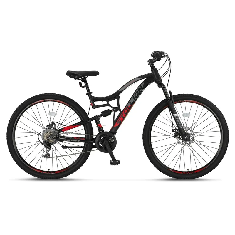Reducere Bicicleta MTB Umit Stallion 2D, Full Suspension, SHM, 21 viteze, roata 27.5", cadru otel, negru/rosu
