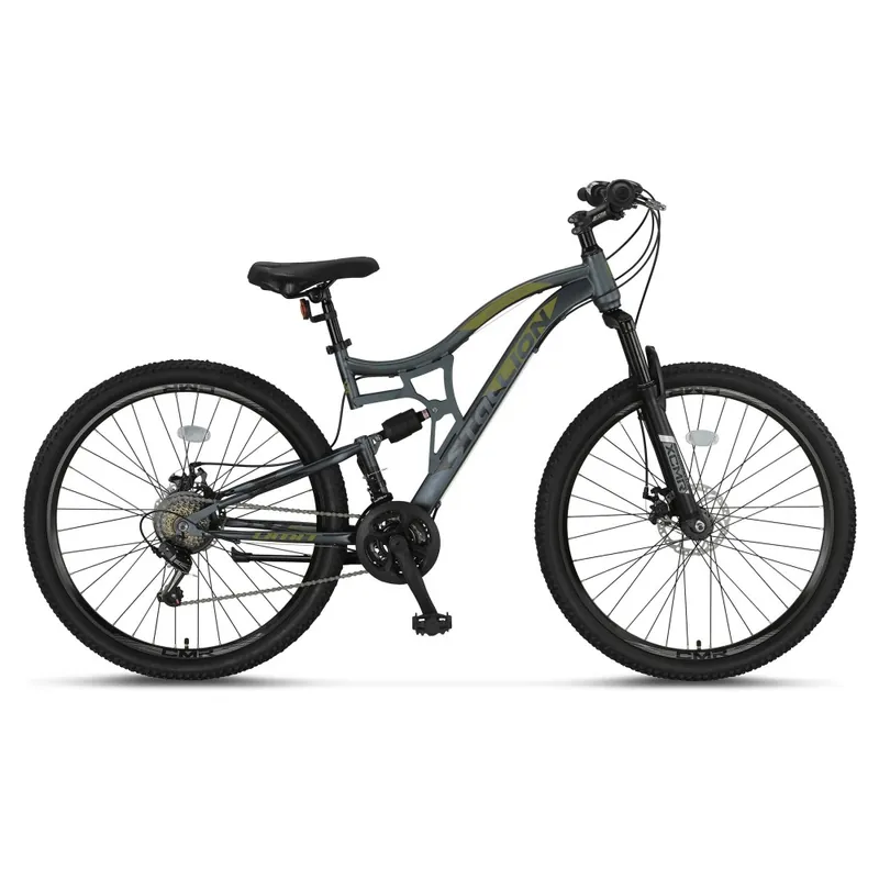 Vezi acum Bicicleta MTB Umit Stallion 2D, Full Suspension, SHM, 21 viteze, roata 27.5", cadru otel, culoare gri/verde