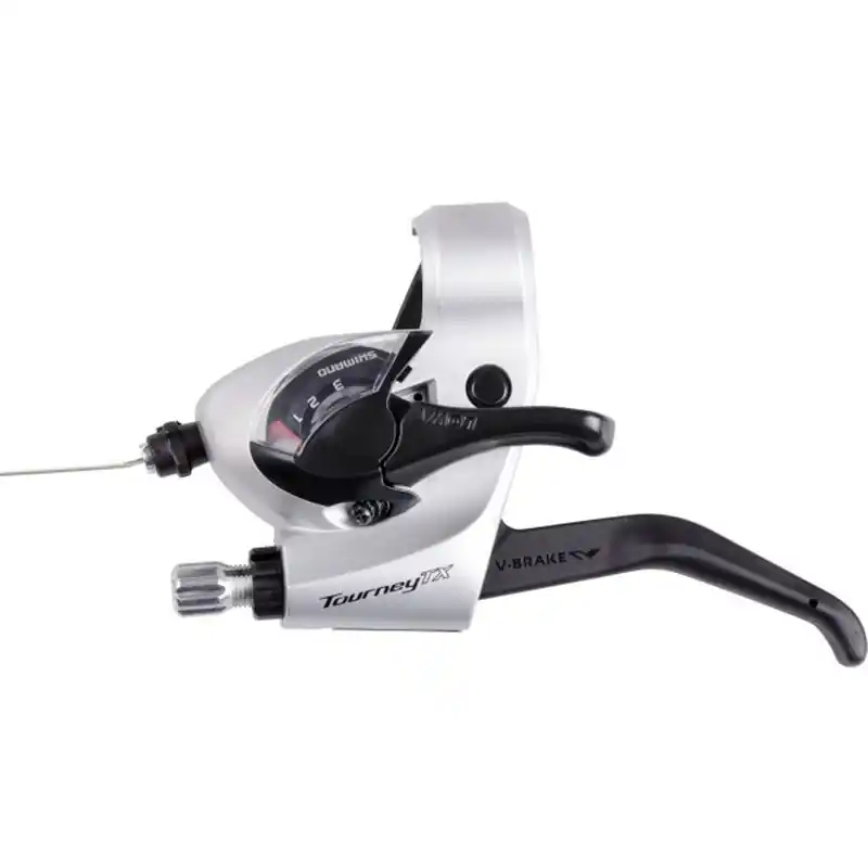 Nu rata Maneta schimbator/frana Shimano Tourney ST-TX800-L, montaj stanga, 3 viteze, cablu 1800mm, 2 degete, pentru V-Brake, culoare argintiu