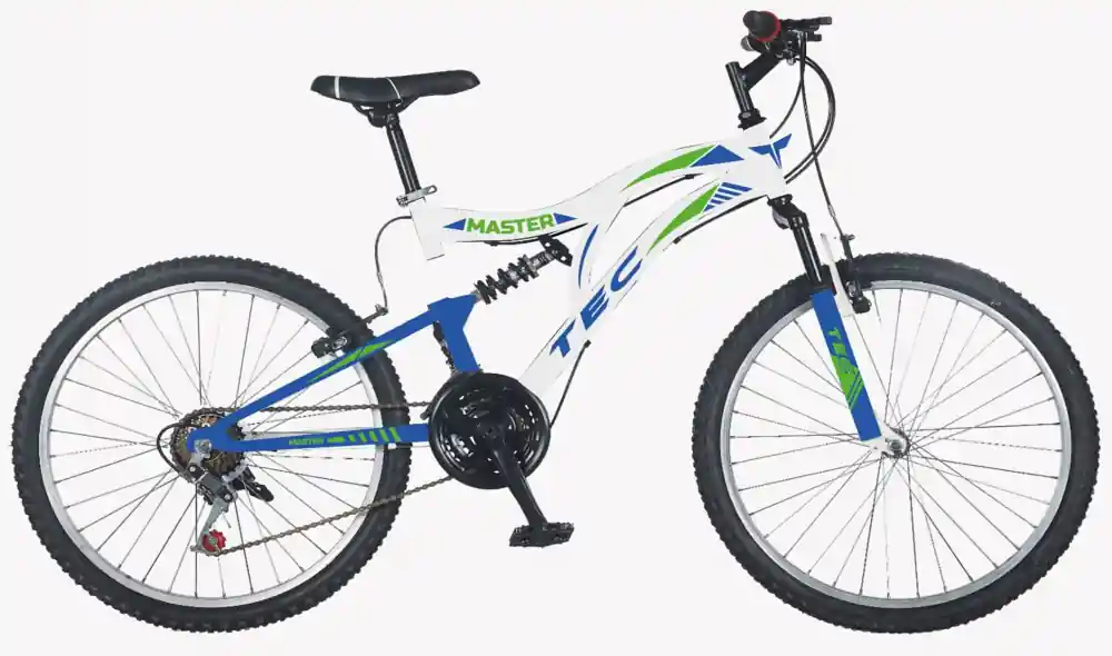 Retur ușor Bicicleta MTB Tec Master full suspensie, culoare alb/albastru/verde, roata 26", cadru din otel
