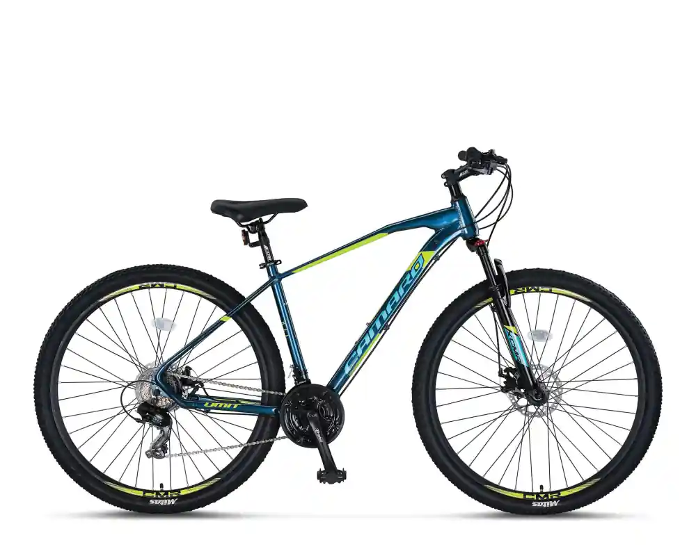 Bicicleta MTB Umit Camaro, culoare albastru/verde, roata 29", cadru 16" din aluminiu, frana disc hidraulica, 21 viteze Livrare expres