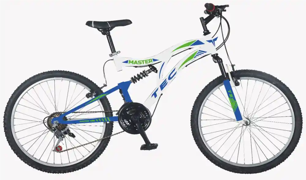 Bicicleta copii Tec Master full suspensie, roata 20", culoare alb/albastru/verde Promoție